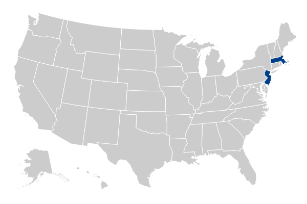 U.S. map with New Jersey and Massachusetts highlighted